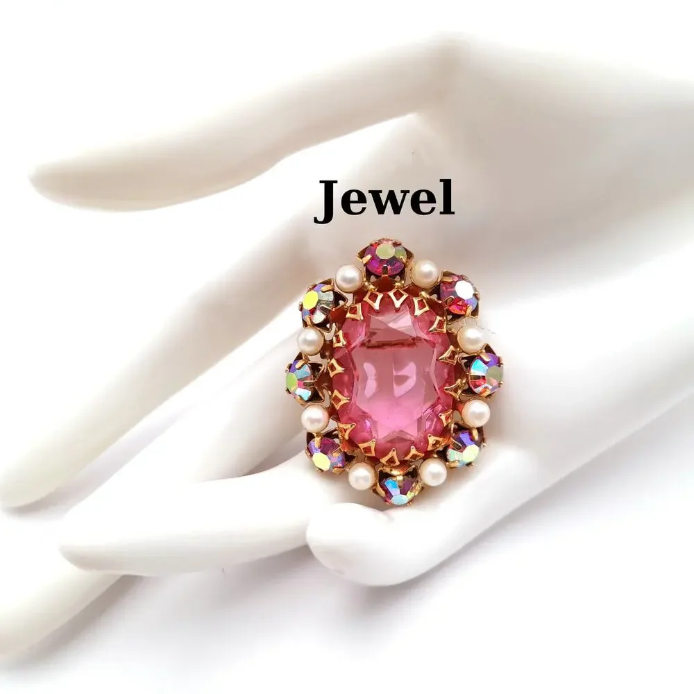 Vintage Signed JEWEL Pink Glass Brooch, Aurora Borealis Rhinestones, Faux Pearls